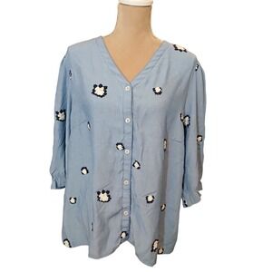 Ana Rose Blue Chambray Embroidered Floral Button Up Top Women 2X